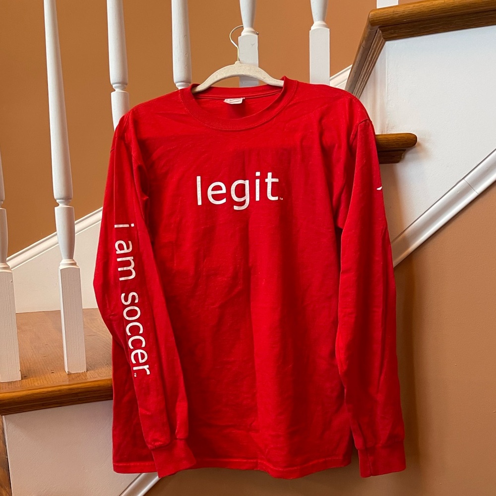 Excellent condition 100% cotton Sz Med long-sleeve soccer t-shirt; “Legit” logo